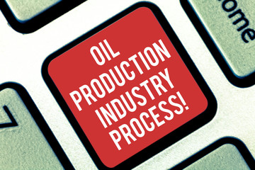 Fototapeta premium Handwriting text writing Oil Production Industry Process. Concept meaning Petroleum company industrial processing Keyboard key Intention to create computer message pressing keypad idea