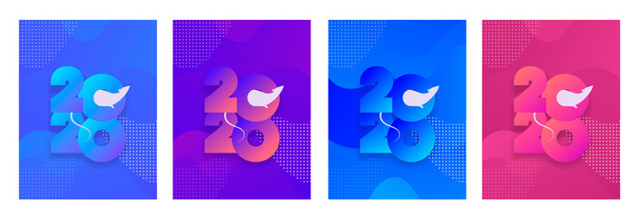 Vector modern flat 2020 new year greeting vertical banner template set. Gradient text with rat chinesse symbol on fluid background. Design illustration for china calendar, holiday card, party poster