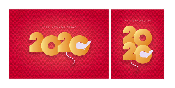 Vector modern flat 2020 new year greeting banner template set. Gold gradient text with rat chinesse symbol on red pattern background. Design illustration for calendar, holiday card, party poster