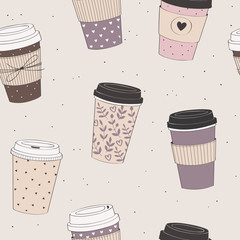 Coffee cup pattern. Vector seamless pattern with various disposable cups of coffee to go. Hand drawn doodle background - 284589720