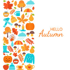 Autumn background. Vector. Hello Autumn greeting card. Template in flat design on white backdrop. Fall leaves decoration square poster. Cartoon colorful illustration