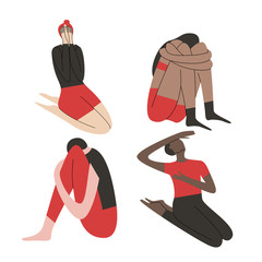 Men and women in depression sitting and crying with hands around his knees. Bundle of stressful situation concepts. Flat vector illustration.