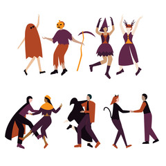 Couples of cartoon characters having fun dancing at Halloween party. Men and women dressed in Halloween costumes dancing at club or concert.  Flat vector illustration
