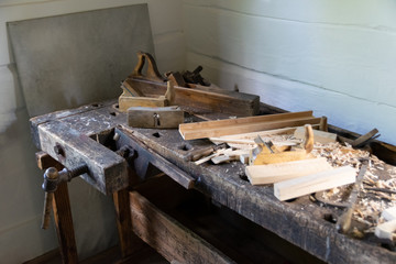 Old carpenter  workshop. Shallow depth of field.