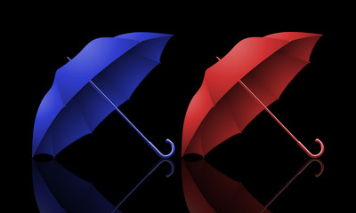 Illustration of rain blue and red umbrellaz on dark background and its reflection