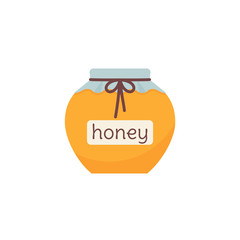 Honey pot icon. Vector. Honey glass jar. Honeypot isolated on white background. Flat design Cartoon color illustration. Beekeeping product. Traditional sweet dessert for Rosh Hashanah, Jewish New Year