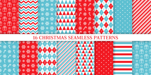 Christmas pattern. Holiday seamless background. Vector. Xmas New year endless texture with gift, snowflake, candy cane stripe, polka dot, rhombus. Print for wrapping paper web textile. Illustration - obrazy, fototapety, plakaty