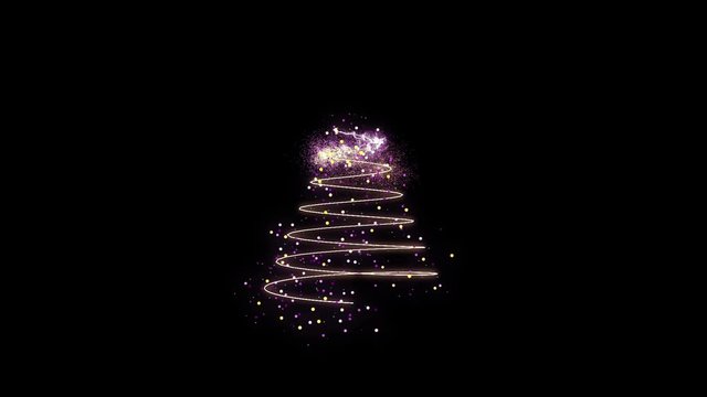 Animation of appearing colorful Christmas tree in motion on black background HD 1920x1080
