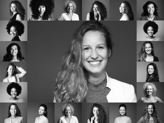 Group of beautiful women in front of a dark background