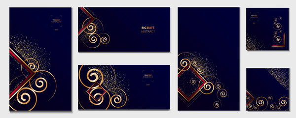 Elegant Christmas card templates set. Collection of romantic invitations with gold abstraction background line color