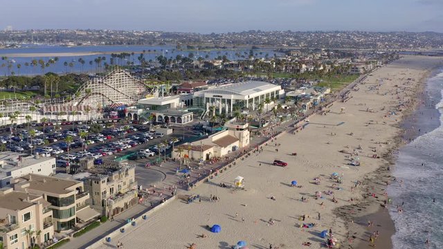 Aerial of Belmont Park and Mission Beach from Right to Left San Diego