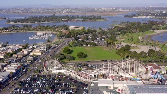Aerial Zoom Out of Belmont Park Mission Beach San Diego
