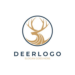 Obraz premium deer logo in circle shape, flat line style, antler icon, ,antelope head, simple modern animal/hunt design