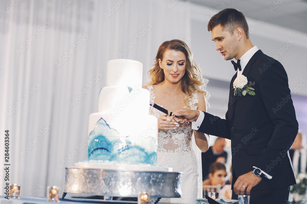 Wall mural beautiful bride in a long white dress. handsome fiance in a blue suit. couple cuts wedding cake