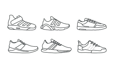 Set of sports and lifestyles shoes, sneaker vector hand drawn collection, shoe lineart icon. new shoe illustration for sport & branding design element