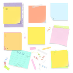 Vector office supplies: todo list, sticky notes, adhesive tapes and paper clips. Isolated stickers set in different colors with accessories. Editable mockups of note pads for your own projects.