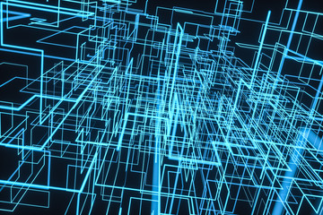 Blue cyber space with crossed glowing lines, 3d rendering.