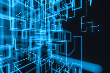 Blue cyber space with crossed glowing lines, 3d rendering.
