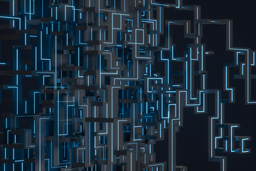 Blue cyber space with crossed glowing lines, 3d rendering.