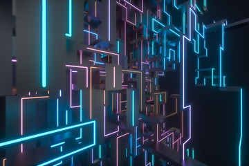 Colorful cyber space with crossed glowing lines, 3d rendering.