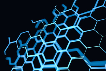 Blue hexagon and glowing lines crossed, 3d rendering.