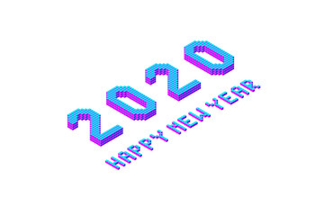 2020 happy new year lettering, bold and thin pixel isometric text, font element for design in modern color, stock vector illustration isolated on white background