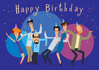Happy Birthday. Group of cheerful people dancing at a bright party. Vector full color graphics with cute characters