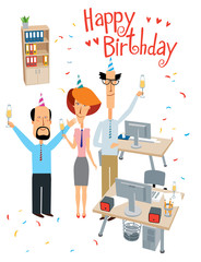 Happy Birthday. Holiday at the office. Cheerful colleagues congratulate. Vector full color graphics with cute characters