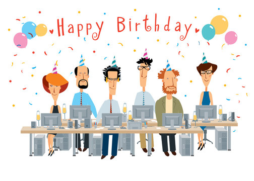 Birthday card. Cheerful office colleagues work and congratulate. Vector full color graphics with cute characters