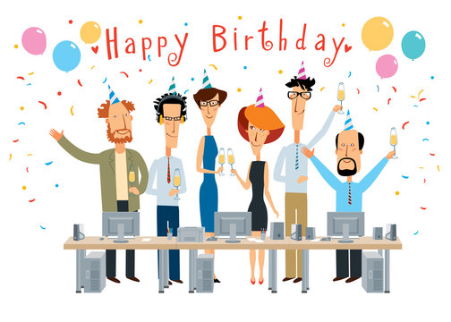 Happy Birthday. Cheerful colleagues in the office congratulate. Vector full color graphics with cute characters
