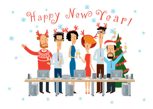 Happy New Year. Cheerful colleagues in the office celebrate. Vector full color graphics with cute characters