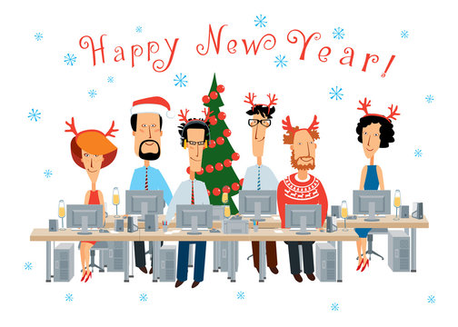 Happy New Year. Cheerful colleagues in the office work and celebrate. Vector full color graphics with cute characters