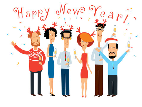 Happy New Year. Group of happy people celebrate and congratulate. Vector full color graphics with cute characters