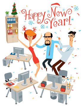 Happy New Year. Holiday at the office. Cheerful colleagues are dancing. Vector full color graphics with cute characters