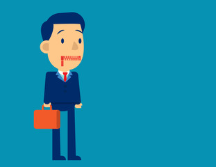 Businessman zippered mouth. Concept business sad vector illustration. Flat business cartoon character design.
