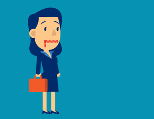 Businessman zippered mouth. Concept business sad vector illustration. Flat business cartoon character design.