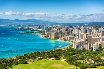 Fototapeten Blick auf die Stadt Honolulu vom Diamond Head Lookout, Waikiki Beach Landschaft Hintergrund. Hawaii reisen. © Maridav