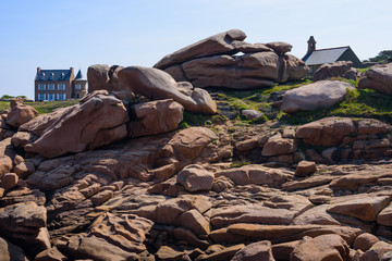 Granite pink boulders near Plumanach. The coast of Pink Granite is a unique place in Brittany. France