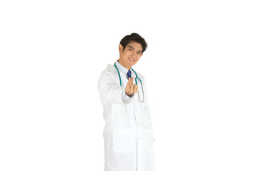 A young Asian doctor has a stethoscope making a Mini Hart, expressing concern and love on a white background.