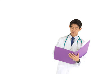 A young Asian doctor with a stethoscope Looking at the purple file on white background