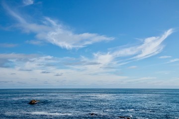tranquil seascape against blue sky with clouds 