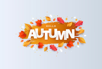 Illustration with the phrase Hello Autumn in paper cut style decorated with beautiful Autumn leaves. Design for greeting card, Sale or promotional poster, flyer, web banner, social and fashion ads