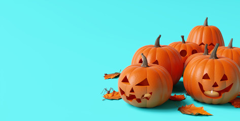 Happy Halloween pumpkin jack o lantern on yellow background. 3d rendering