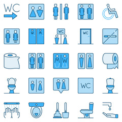 WC blue colored icons set - vector male and female silhouettes and toilet concept signs
