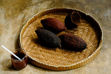 Cacoa pods freshly raw on bouncing bamboo