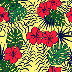 Fototapeta premium tropical flowers, leaves. seamless pattern. eps 10 vector illustration. hand drawing