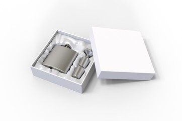 Blank  Stainless Steel Hip Flask and Cups Gift Set For Branding, 3d illustration.