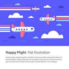 Airplanes in the sky, happy flight, flat illustration, flying aircraft with rainbow