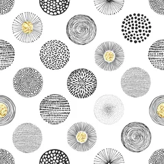 Tapeten Seamless vector pattern with hand-drawn circles texture and golden foil, abstraction illustration of black silhouette on white background. © Nikole