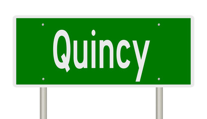 Rendering of a green highway sign for Quincy Massachusetts